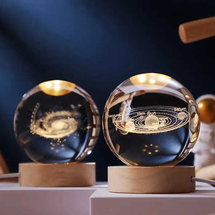 3D engraved glass galaxy sphere night light on a wooden base - product photo 12