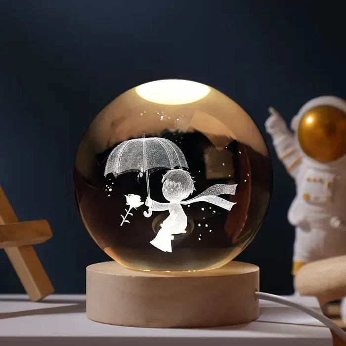 3D engraved glass galaxy sphere night light on a wooden base - product photo 6