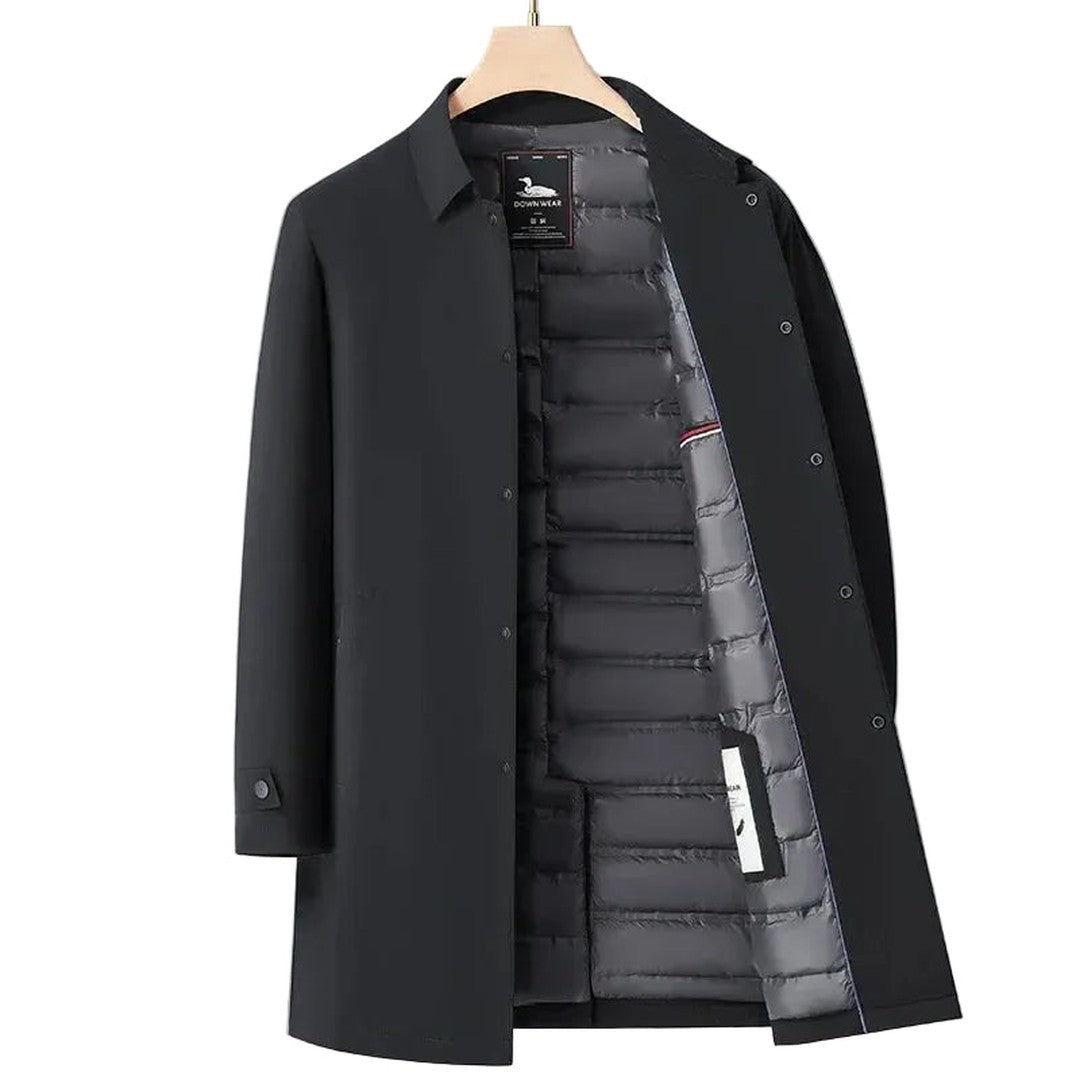 Man wearing the Orion men's button-up coat, back view