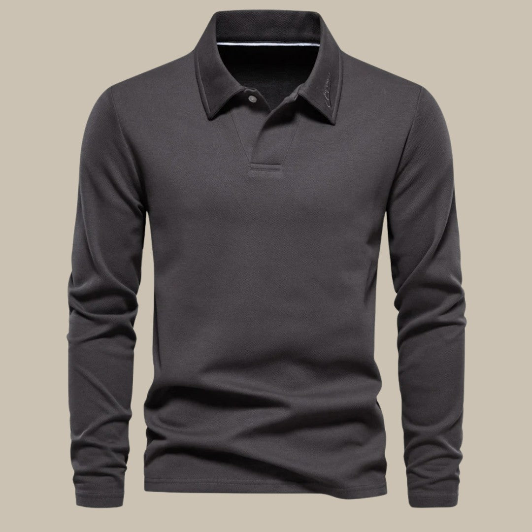 Man wearing the Oscar men's classic long-sleeve polo shirt, back view