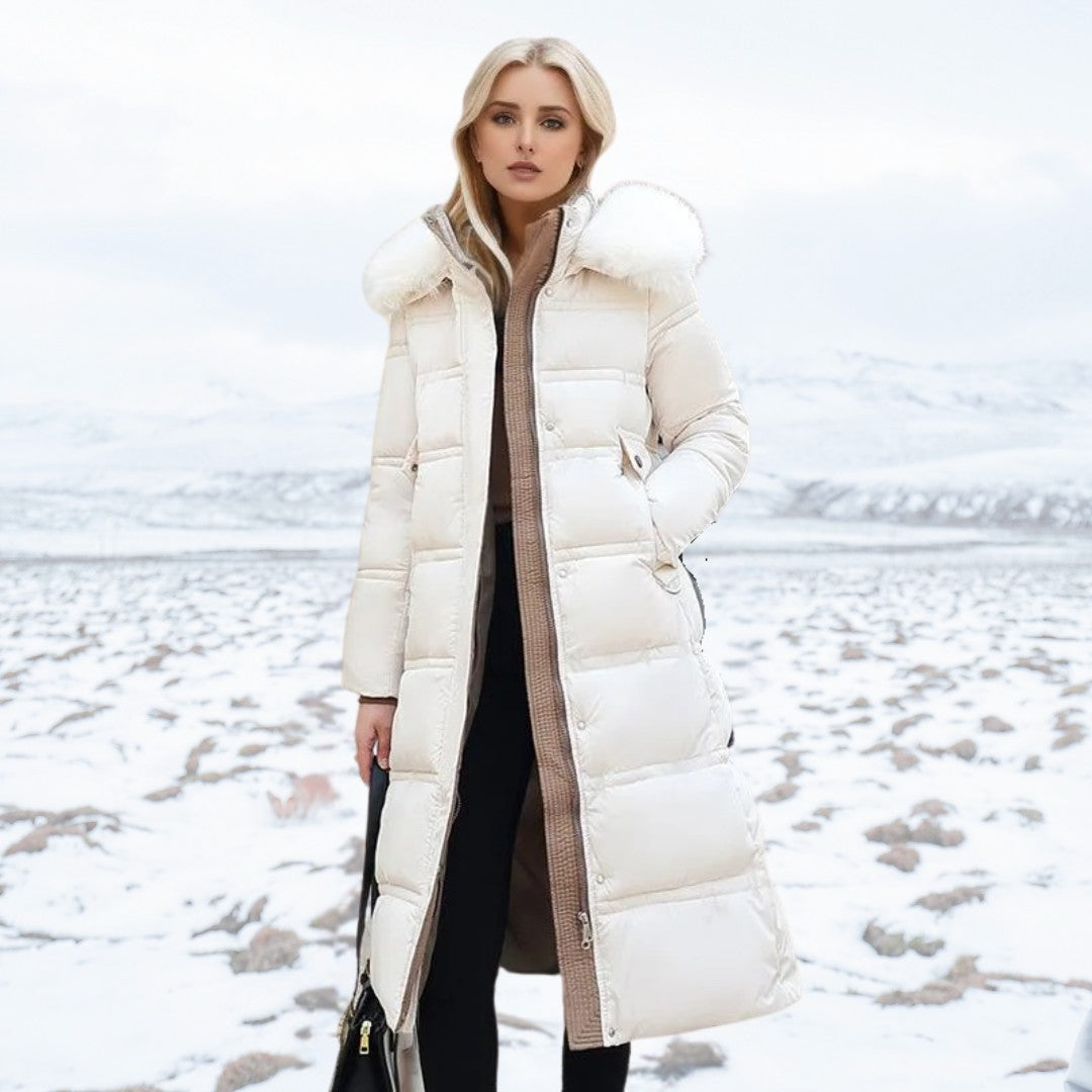 Woman wearing the Ottilia women's coat, model view