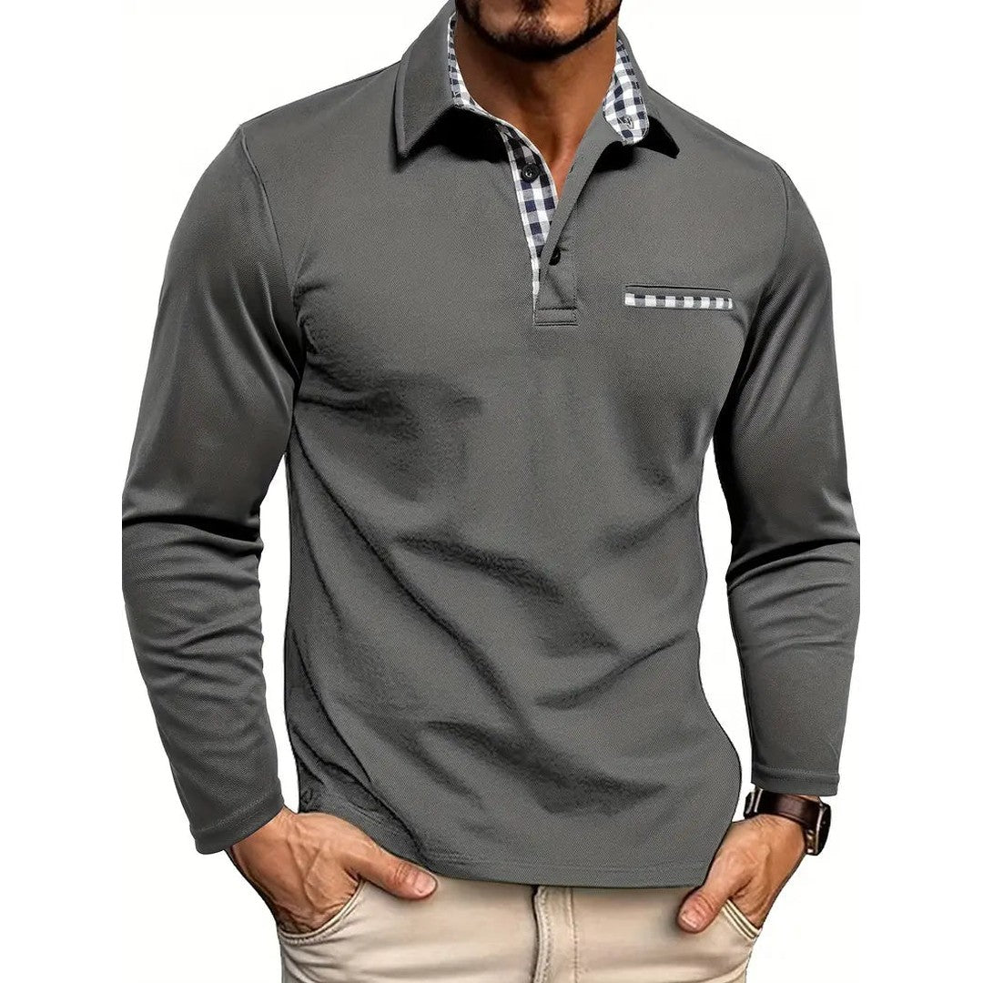 Man wearing the Otto men's casual cotton long-sleeve polo shirt, back view
