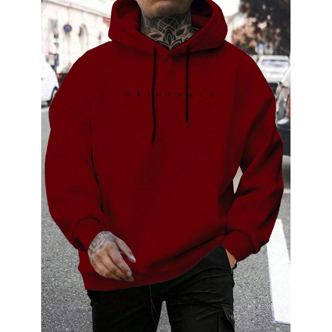 Man wearing the Owen men's hooded cotton graphic print sweatshirt, detail view