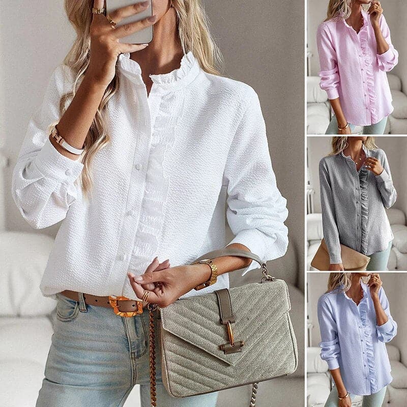 Elise | Women's Striped Ruffle Detail Button Blouse