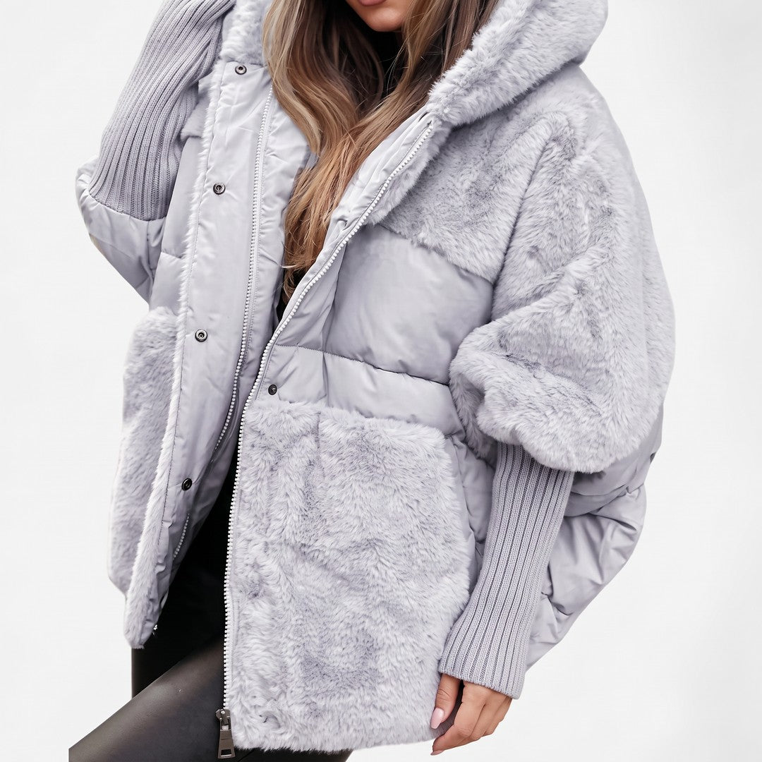 Woman wearing the Paisley women's hooded coat, detail view