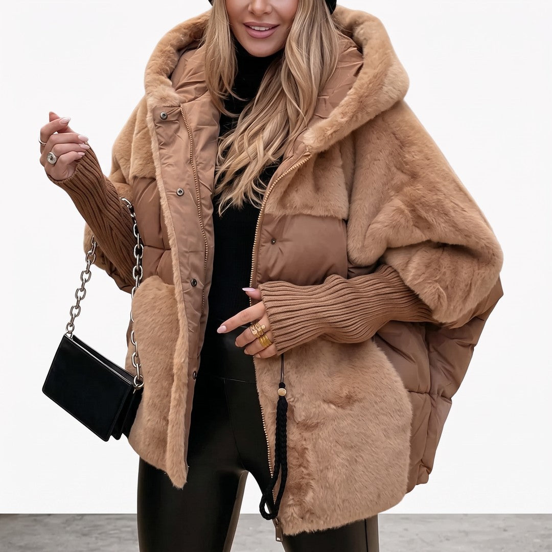 Woman wearing the Paisley women's hooded coat, side view