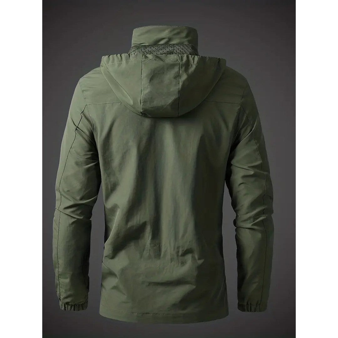 Man wearing the Percy men's hooded jacket, flatlay view