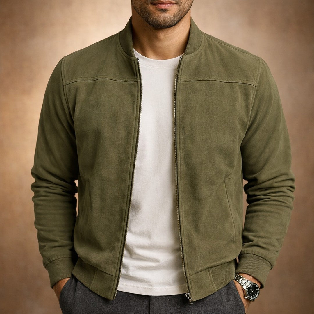 Man wearing the Peregrine men's casual suede lightweight jacket, back view