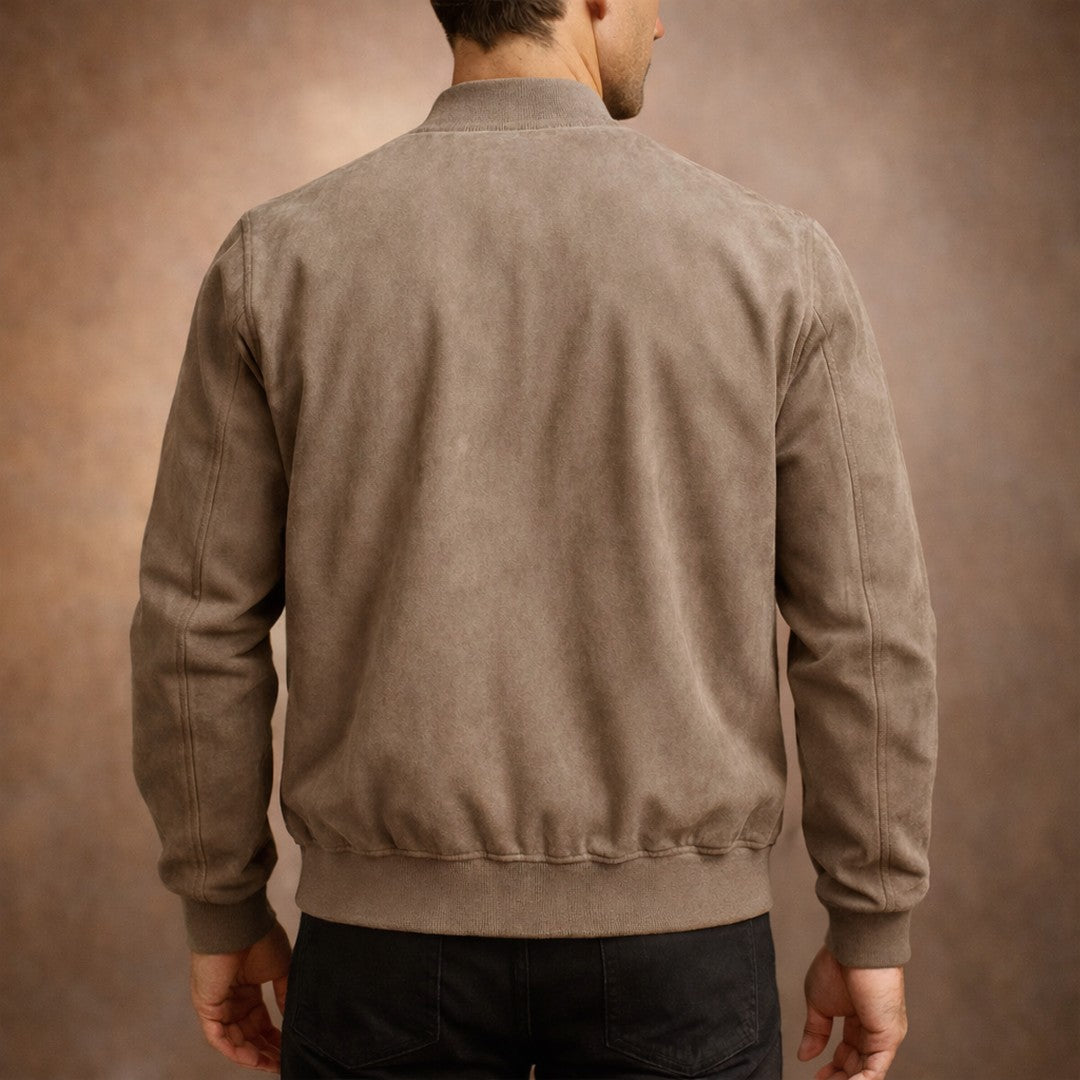 Man wearing the Peregrine men's casual suede lightweight jacket, detail view