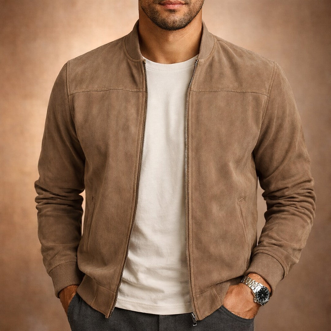 Man wearing the Peregrine men's casual suede lightweight jacket, front view