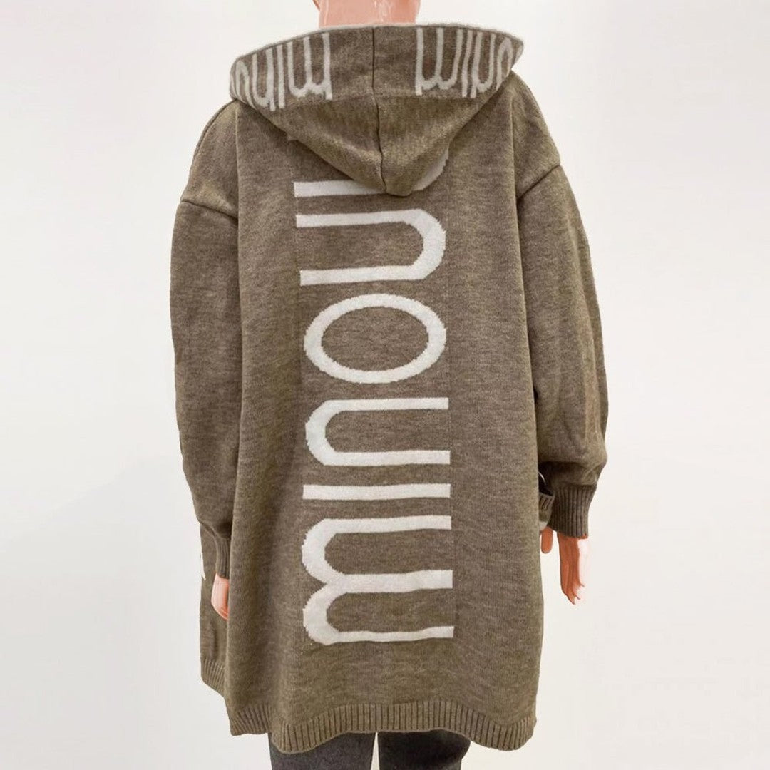 Woman wearing the Pia women's knit cardigan, back view