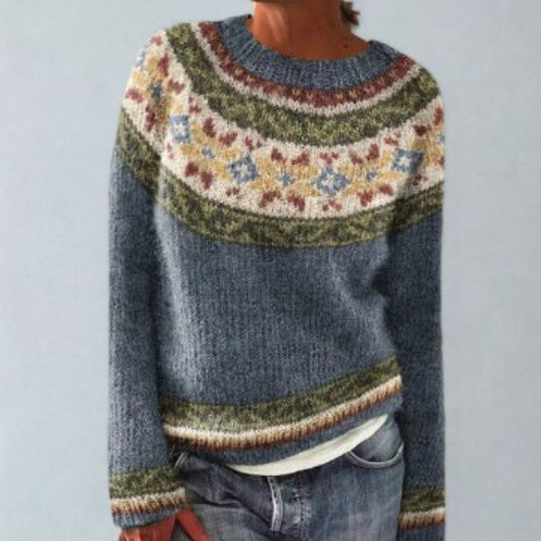 Woman wearing the Piper women's sweater, side view