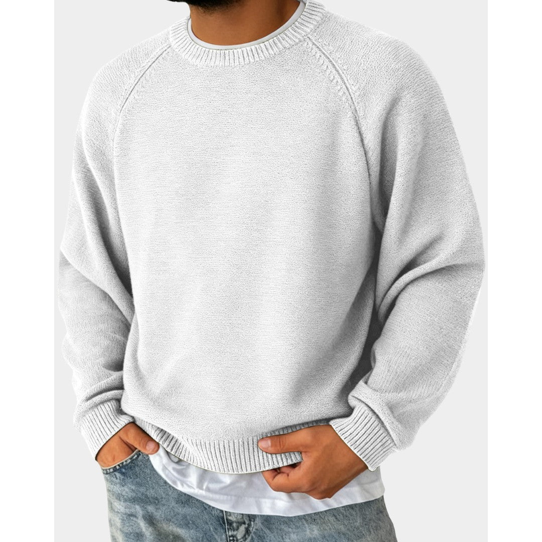 Man wearing the Preston men's crewneck sweater, detail view