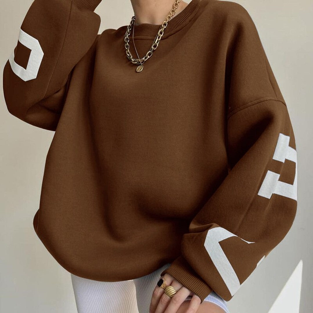 Woman wearing the Priya women's hooded sweater in beige, 12 view
