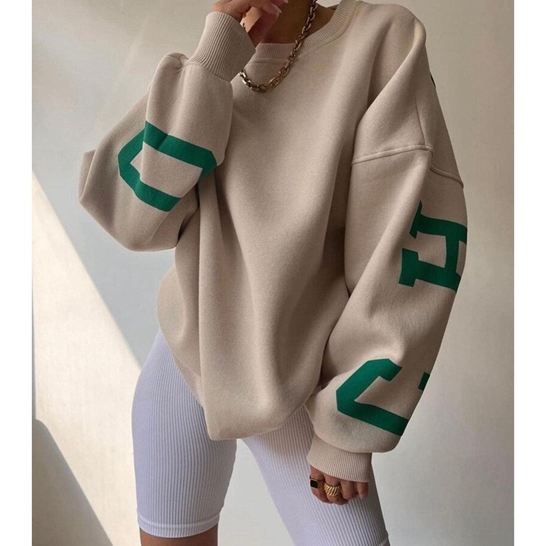 Woman wearing the Priya women's hooded sweater in beige, 9 view
