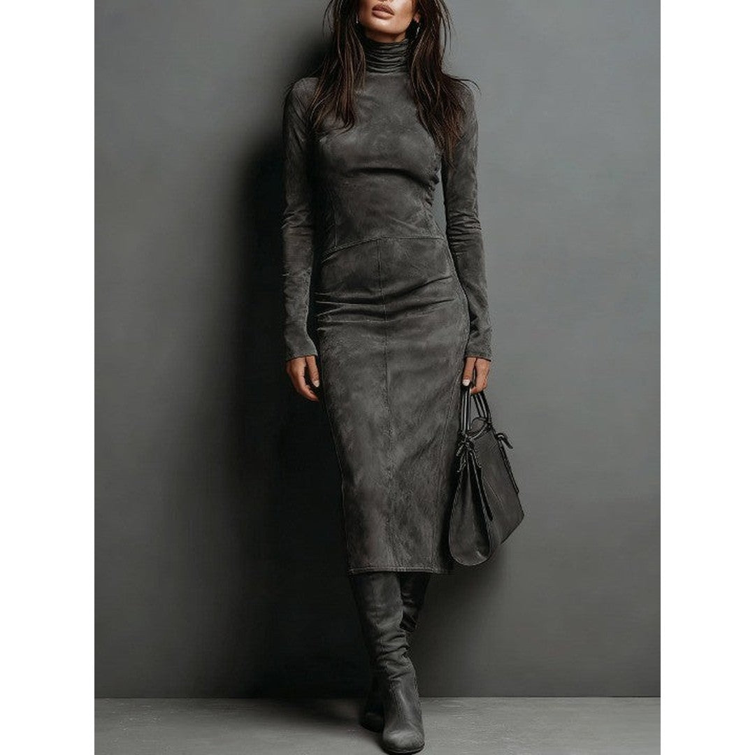 Woman wearing the Quilla women's maxi suede chic dress, back view
