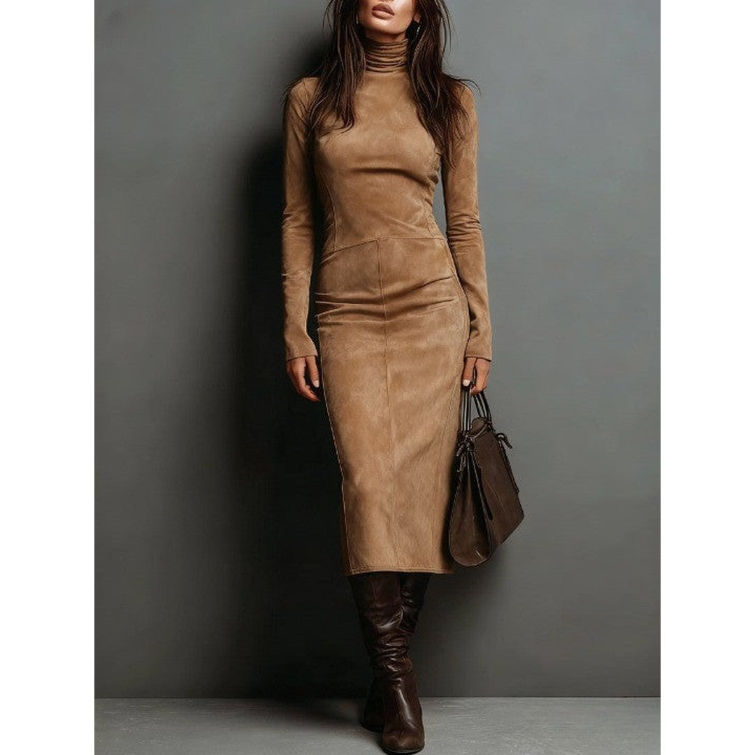 Woman wearing the Quilla women's maxi suede chic dress, side view