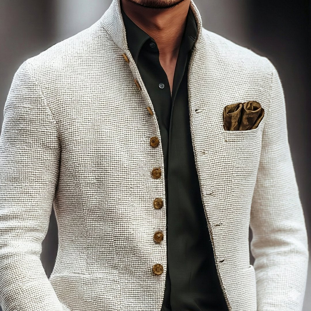Man wearing the Reid men's cardigan, model view