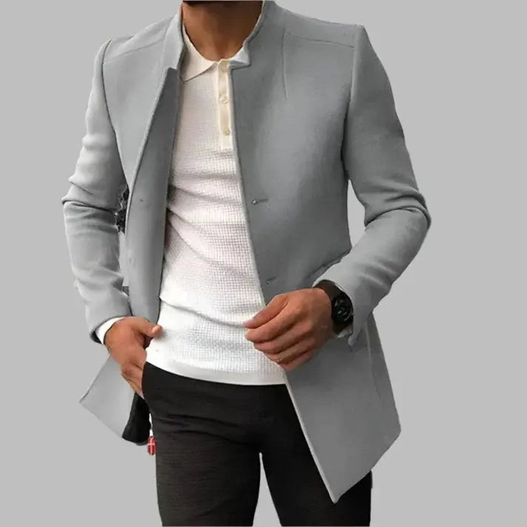 Man wearing the Remy men's elegant coat, side view