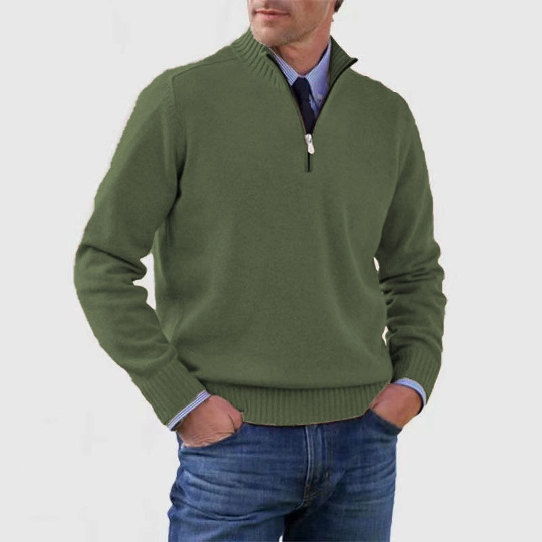 Man wearing the Rhys men's zip-up sweater, 10 view
