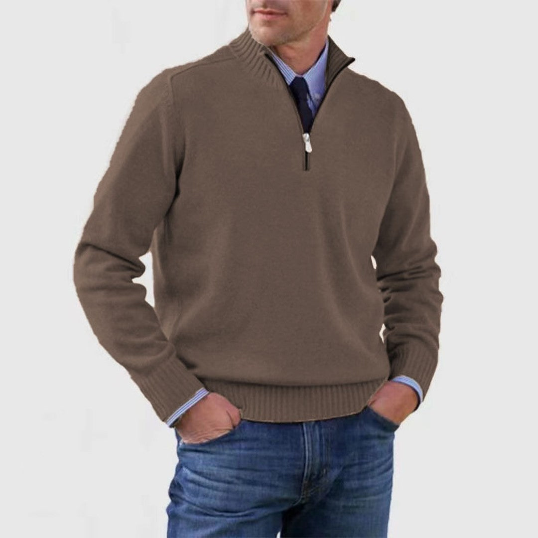 Man wearing the Rhys men's zip-up sweater, 11 view