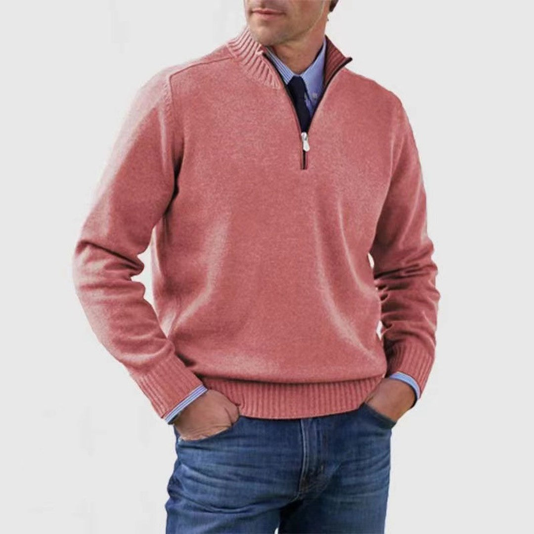 Man wearing the Rhys men's zip-up sweater, 8 view