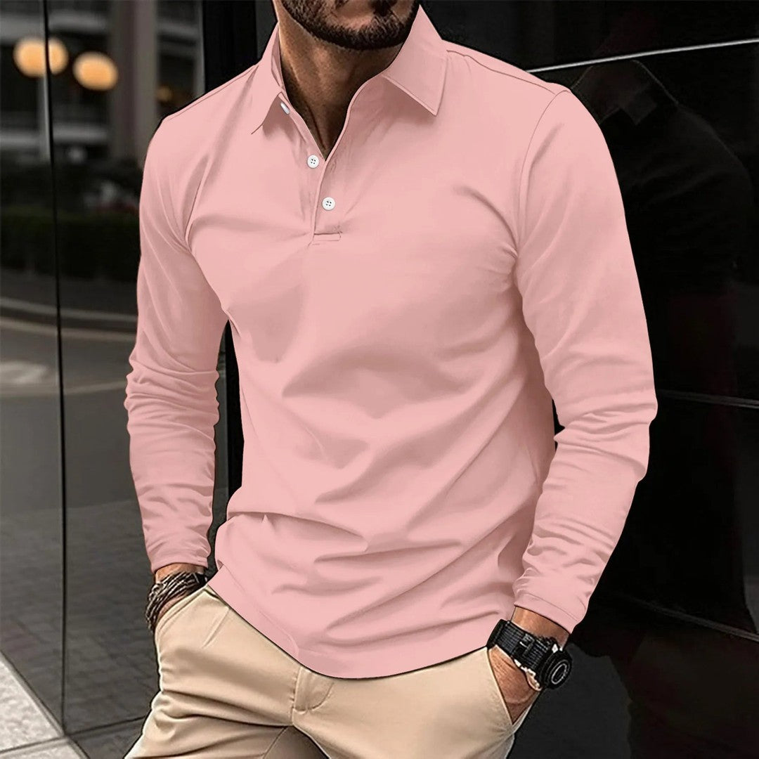 Man wearing the Rocco men's casual long-sleeve polo shirt, side view