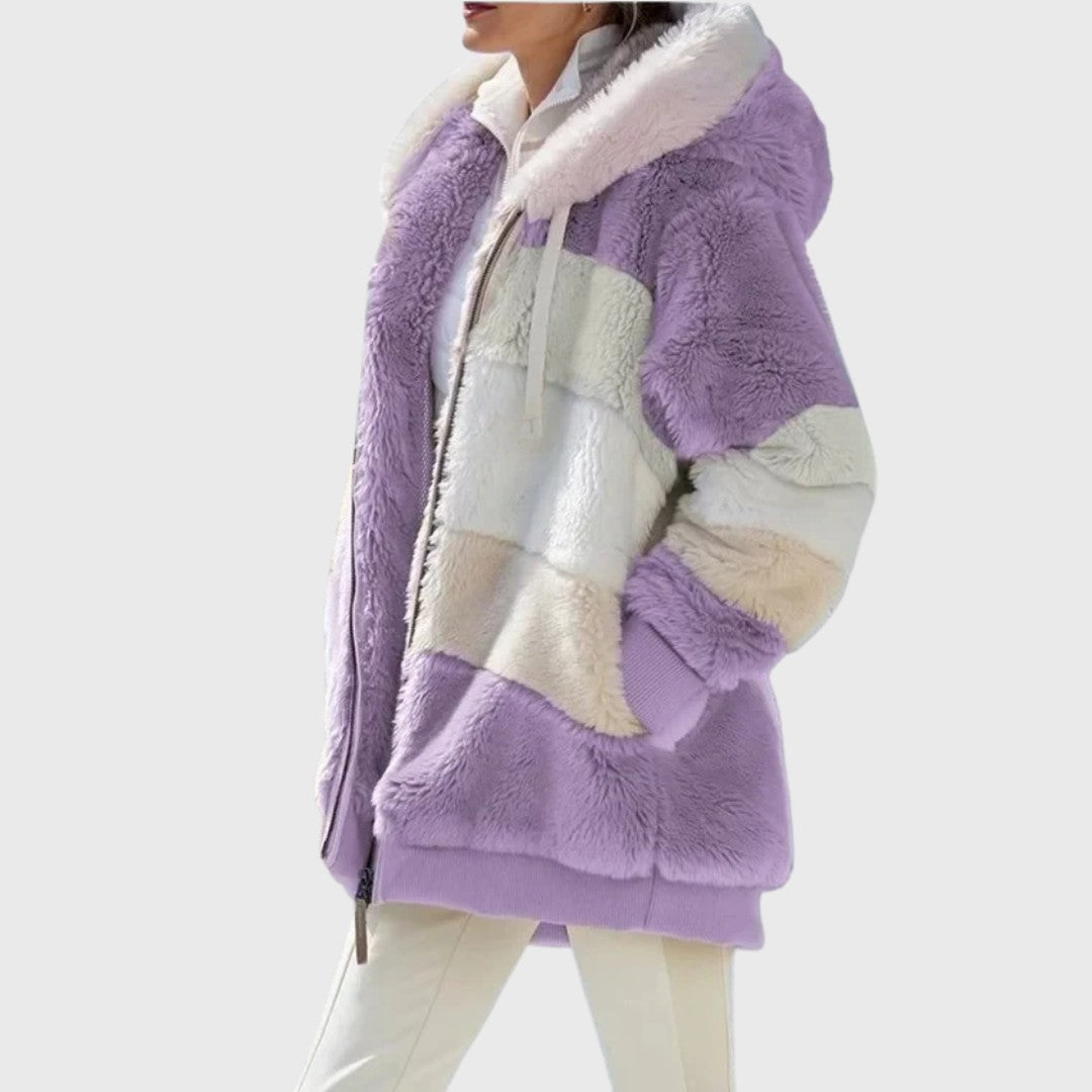 Woman wearing the Rosanna women's elegant jacket, side view