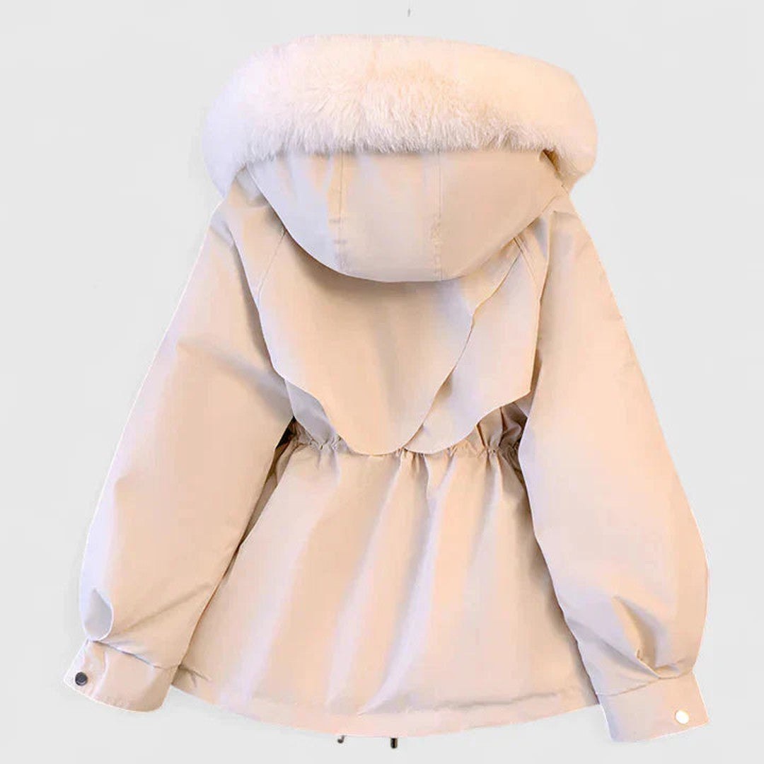 Woman wearing the Ruby women's elegant jacket, flatlay view