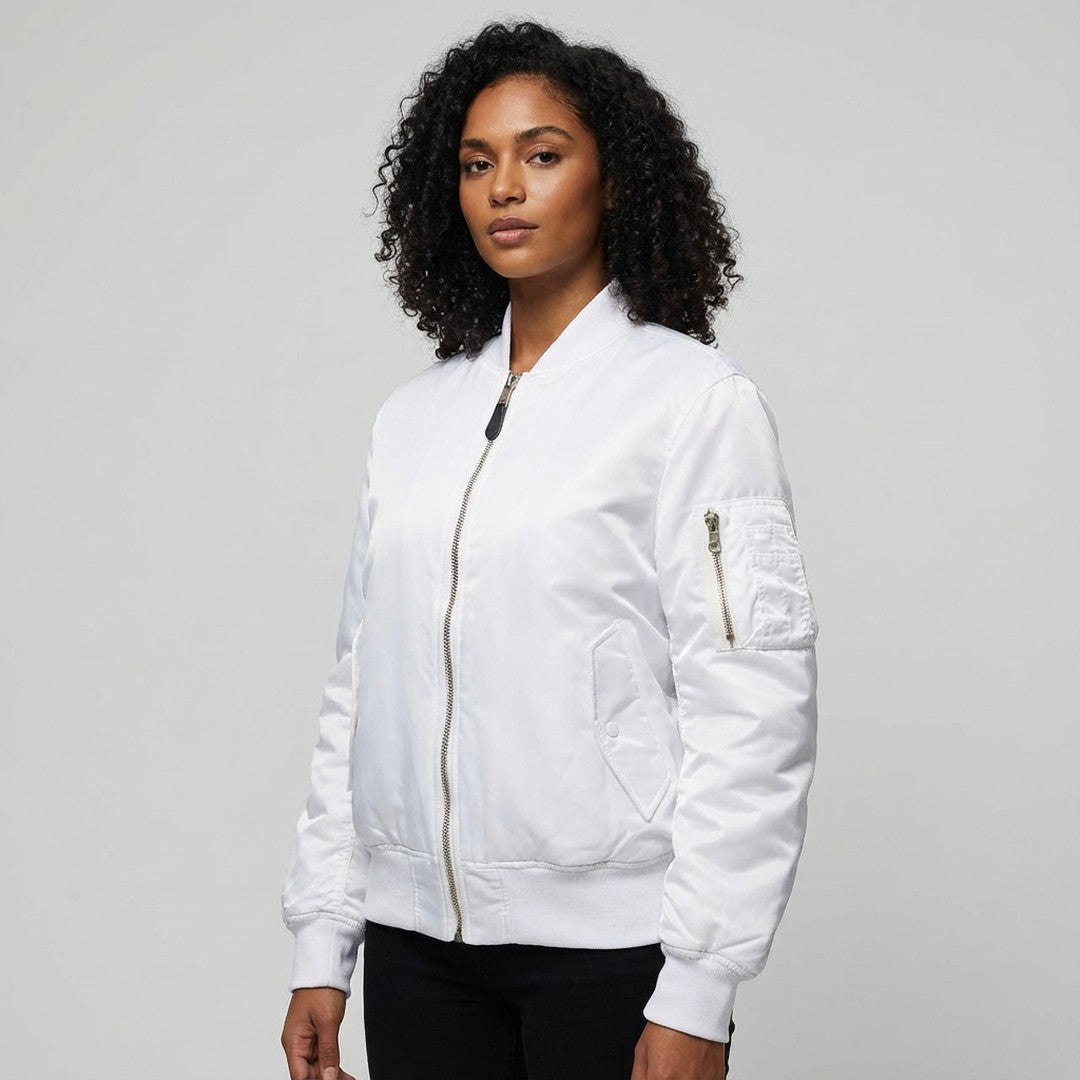 Woman wearing the Saoirse women's bomber jacket, 14 view
