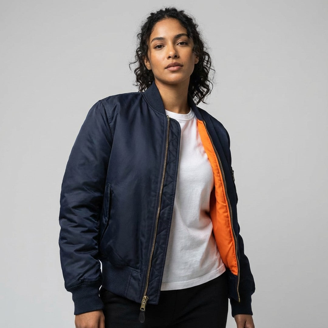 Woman wearing the Saoirse women's bomber jacket, 18 view