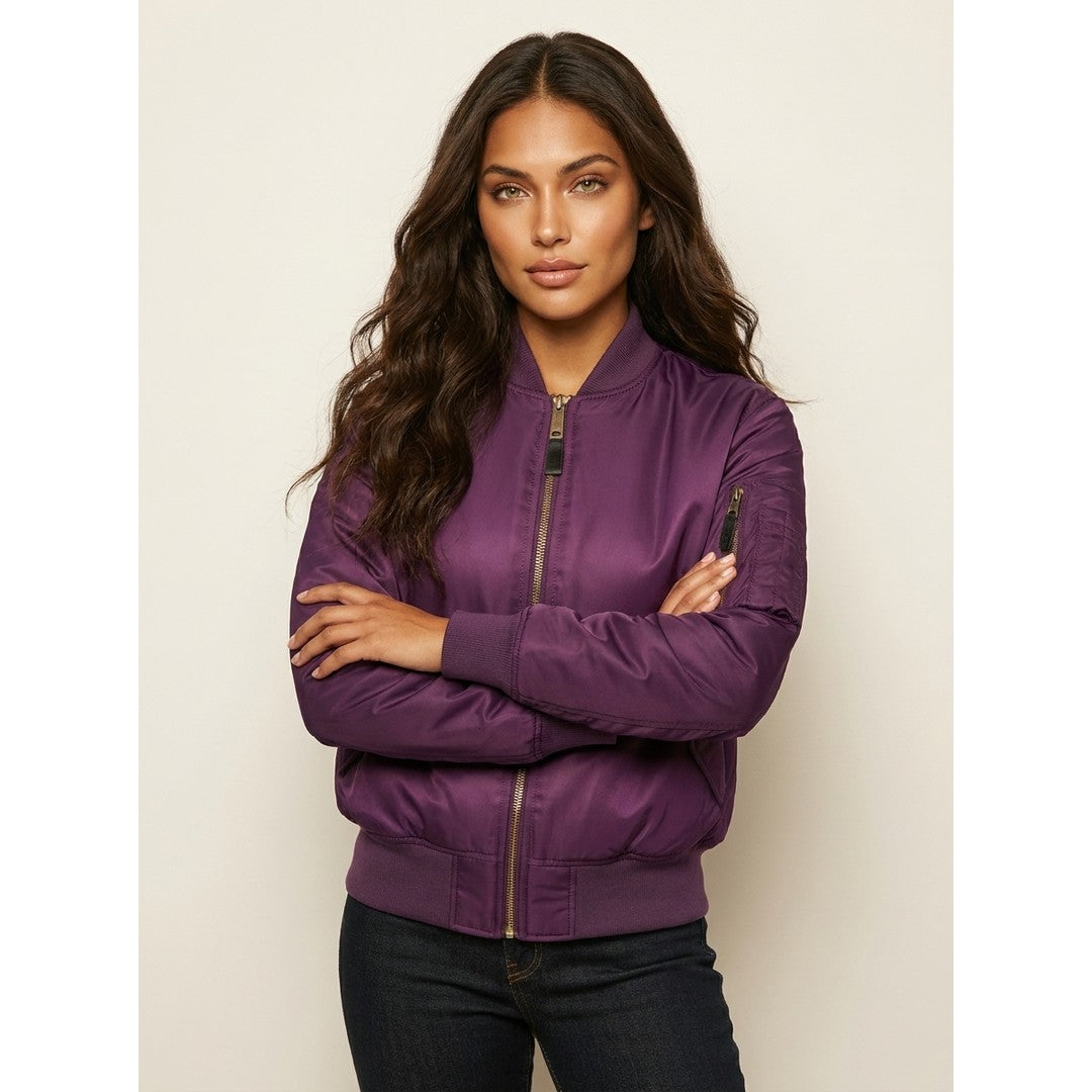 Woman wearing the Saoirse women's bomber jacket, 8 view