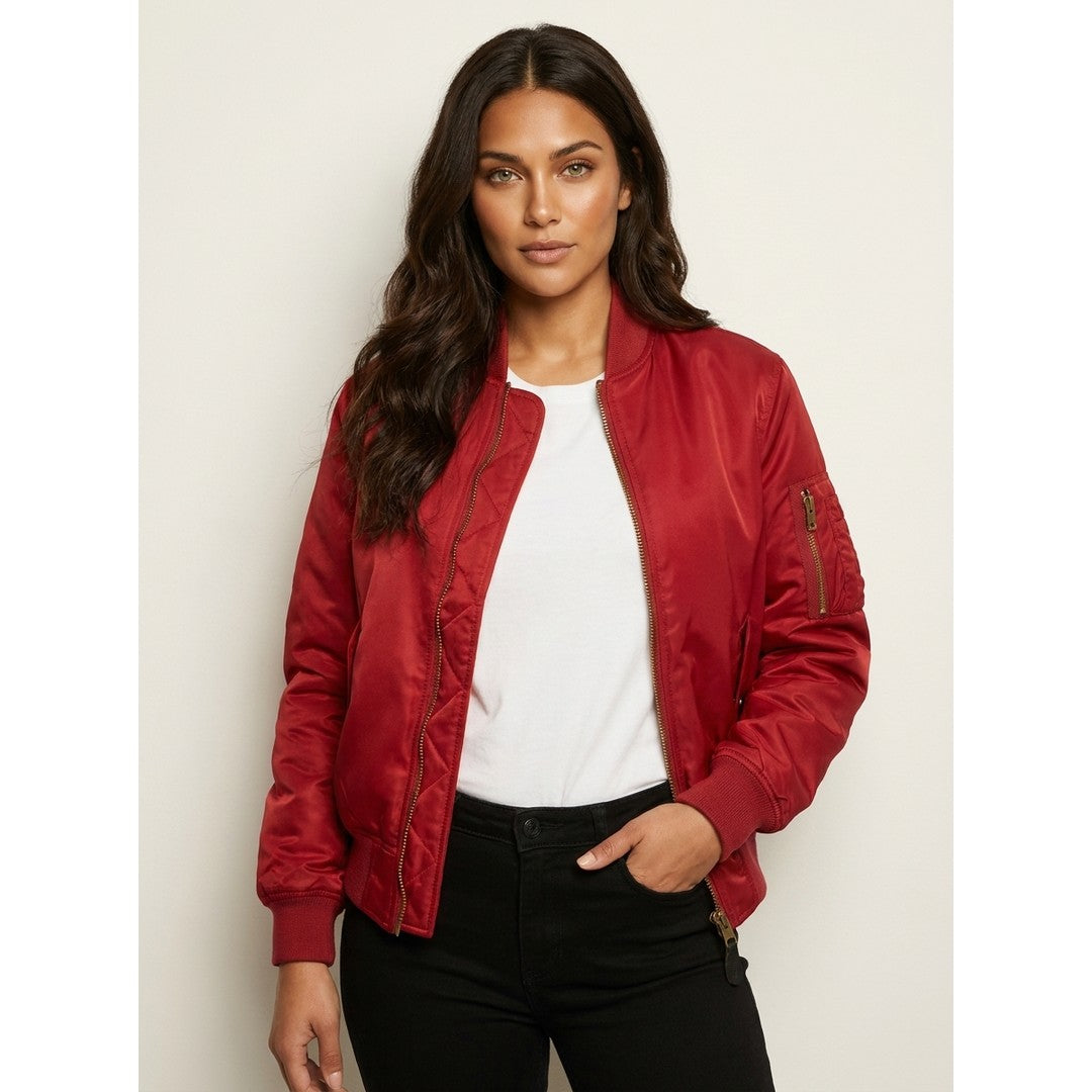 Woman wearing the Saoirse women's bomber jacket, back view
