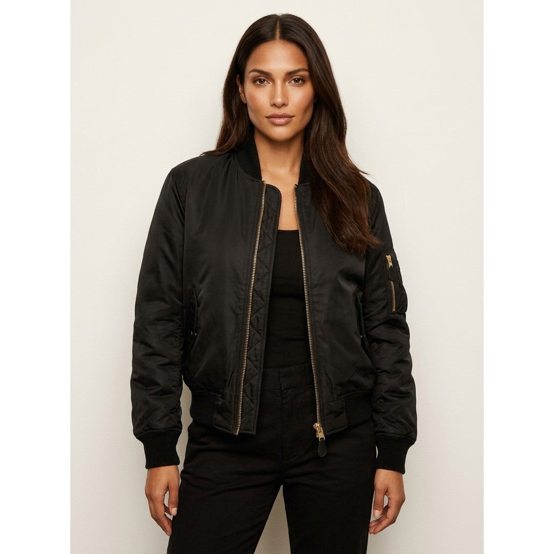 Woman wearing the Saoirse women's bomber jacket, detail view