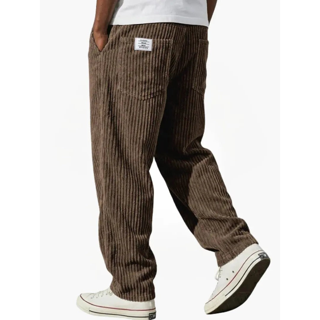 Man wearing the Sawyer men's relaxed corduroy drawstring pants, 9 view