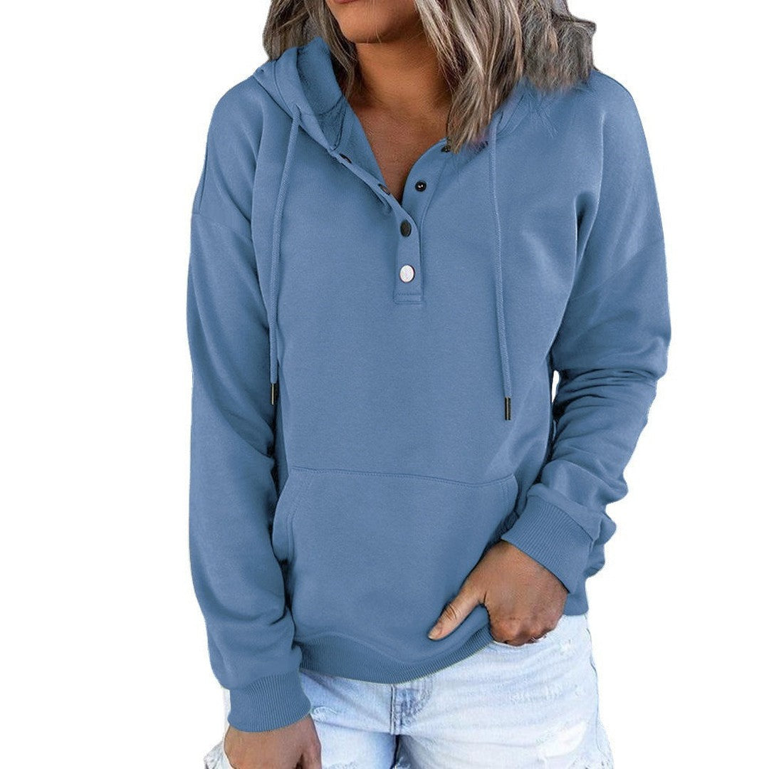 Woman wearing the Seraphina women's button-up hoodie, back view