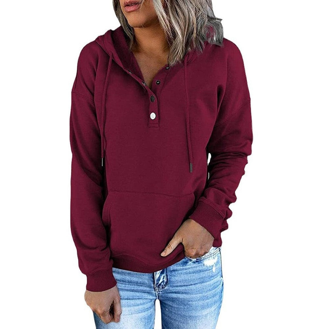 Woman wearing the Seraphina women's button-up hoodie, front view