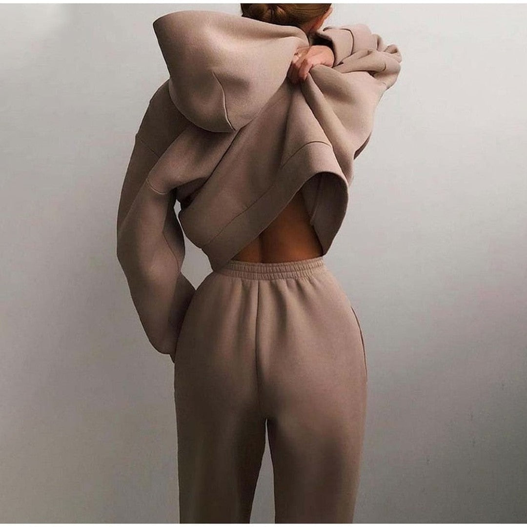 Woman wearing the Sienna women's wide-leg hooded sweatshirt, model view