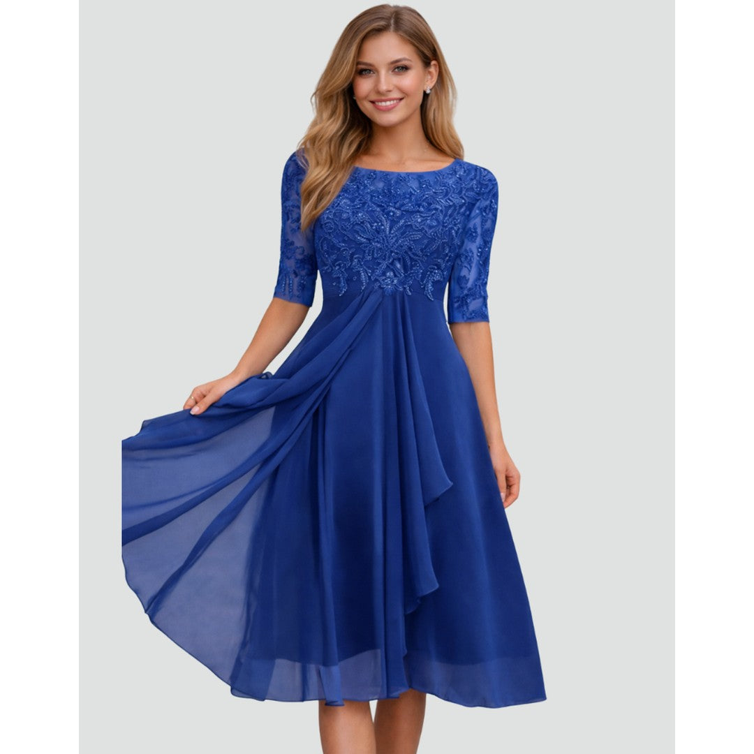 Woman wearing the Sloane women's midi lace elegant dress, 7 view