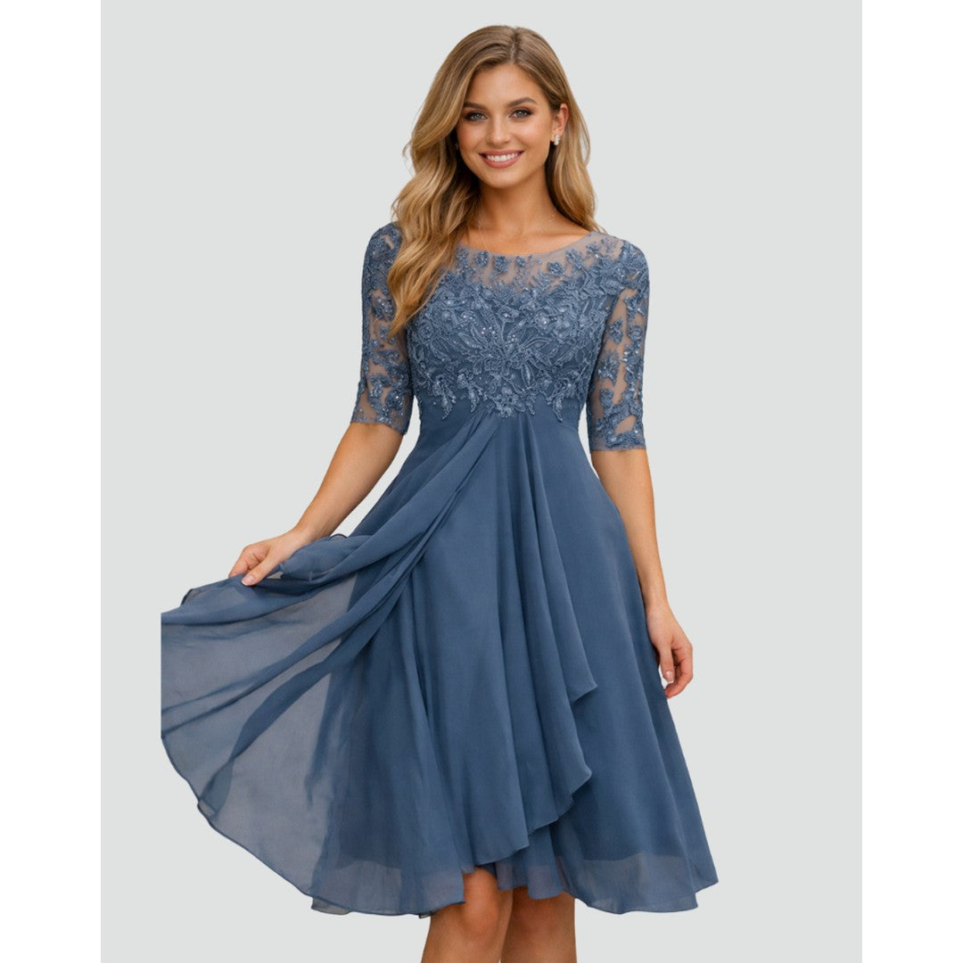 Woman wearing the Sloane women's midi lace elegant dress, back view