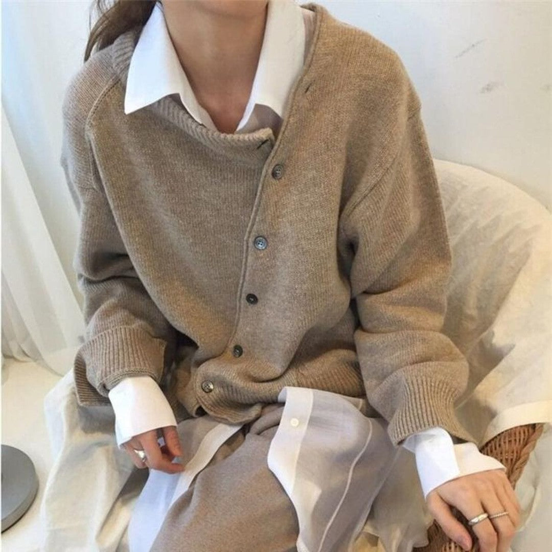 Woman wearing the Solveig women's button-up jacket, front view