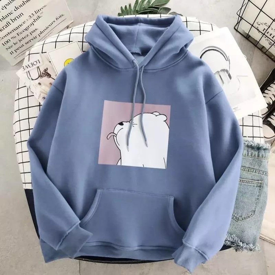 Woman wearing the Sonia women's casual hooded cotton sweater, detail view