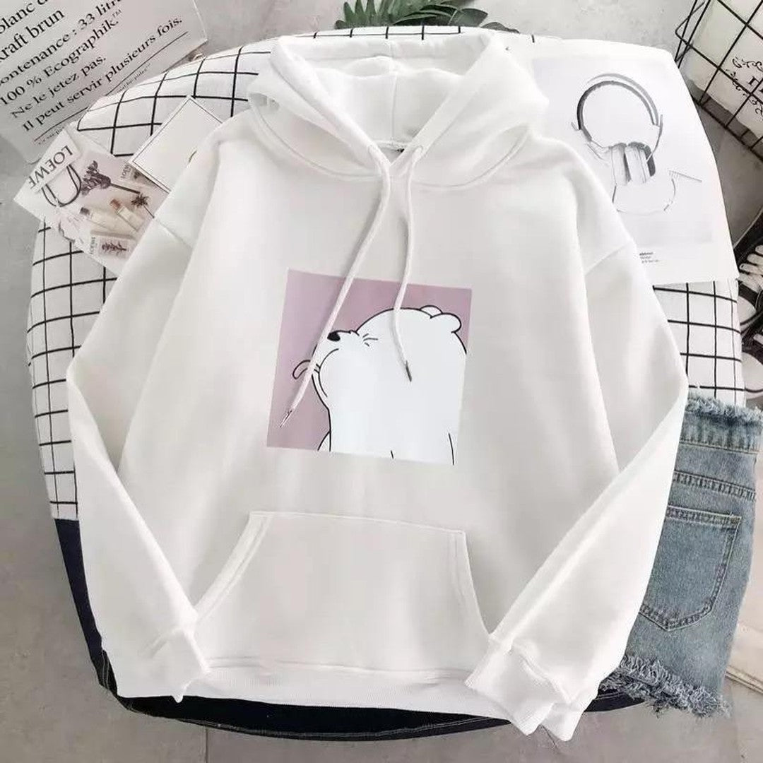 Woman wearing the Sonia women's casual hooded cotton sweater, flatlay view