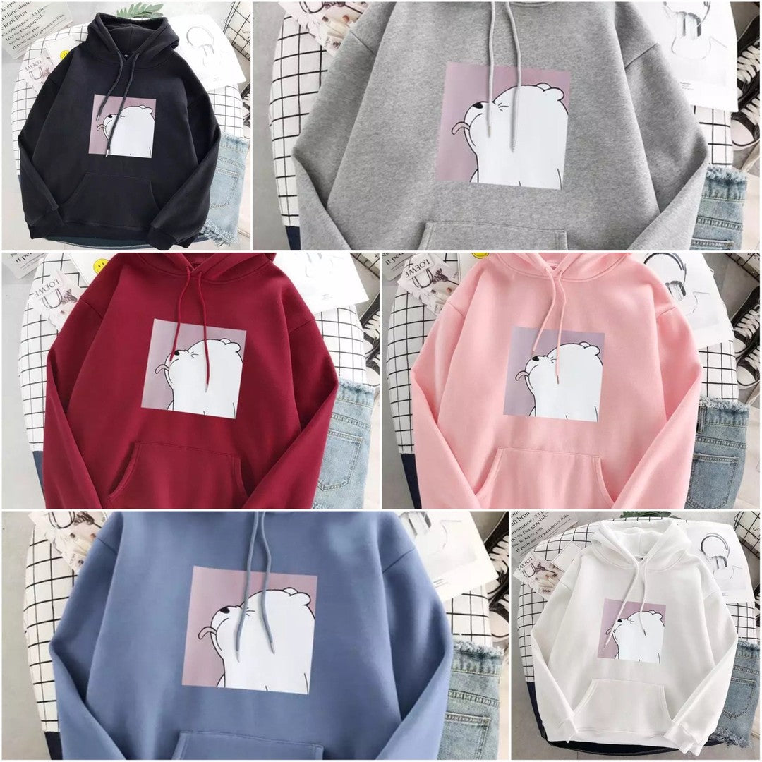 Woman wearing the Sonia women's casual hooded cotton sweater, side view