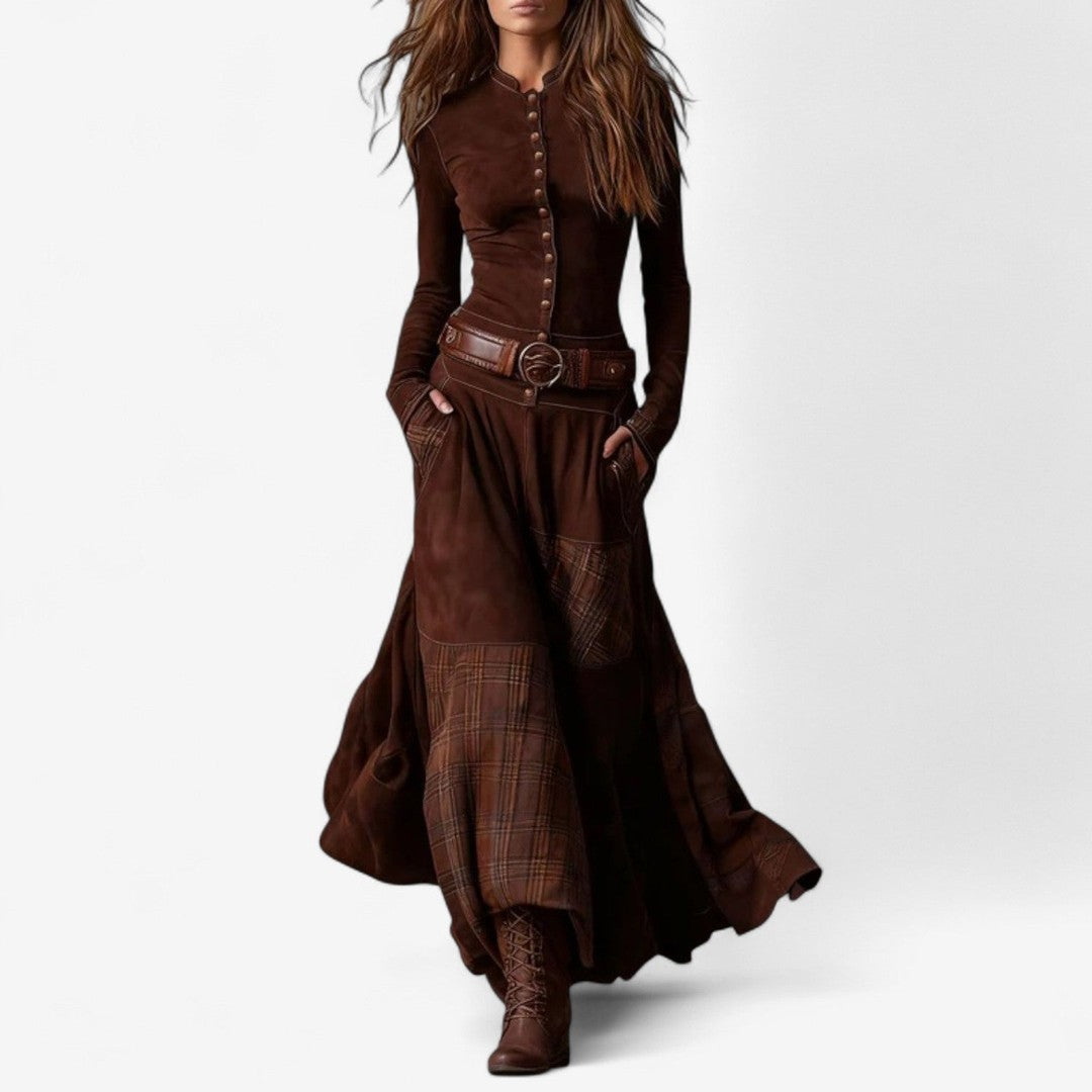 Woman wearing the Sorrel women's suede dress, model view