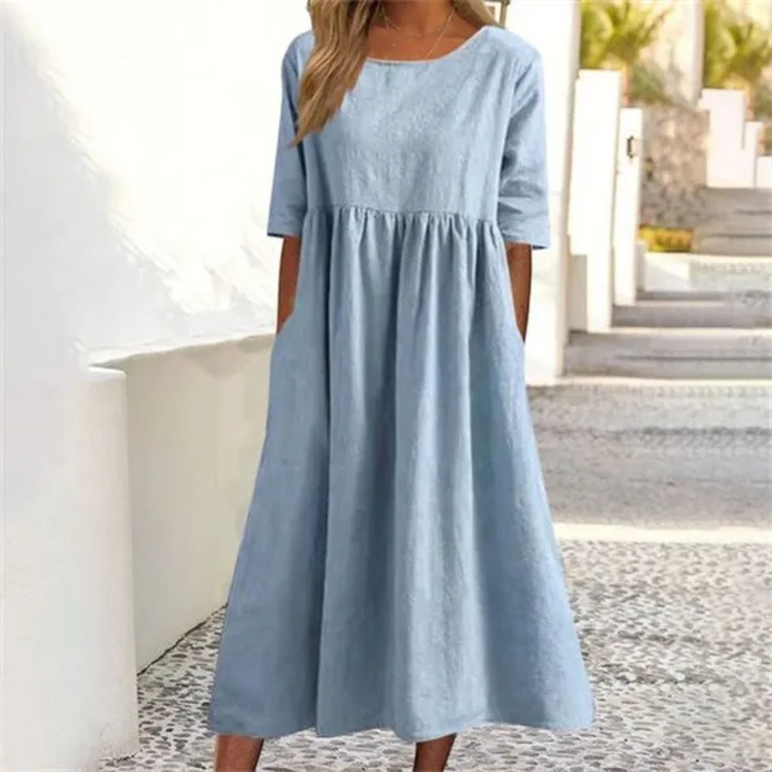 Isla | Women's Round Neck A-Line Midi Dress With Pockets