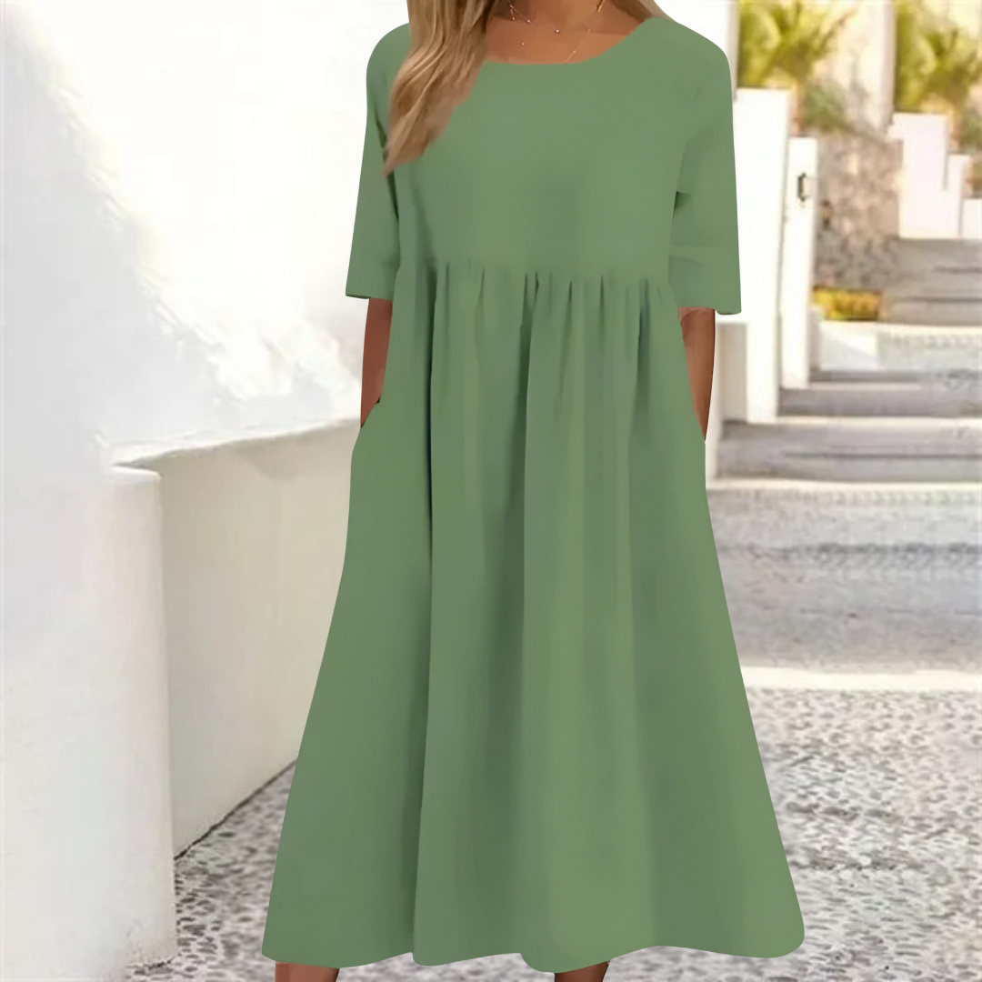 Isla | Women's Round Neck A-Line Midi Dress With Pockets