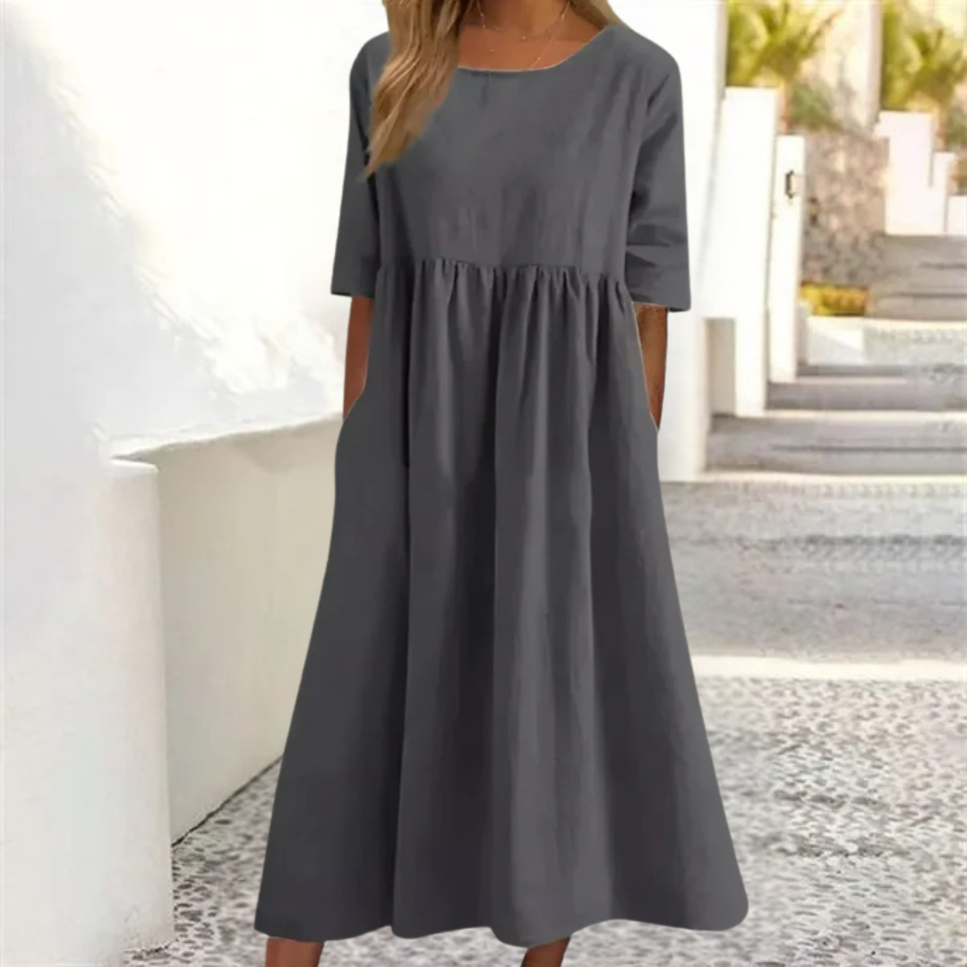 Isla | Women's Round Neck A-Line Midi Dress With Pockets