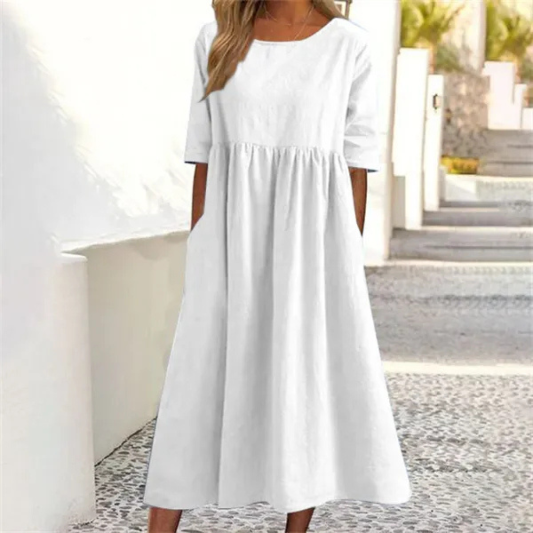 Isla | Women's Round Neck A-Line Midi Dress With Pockets