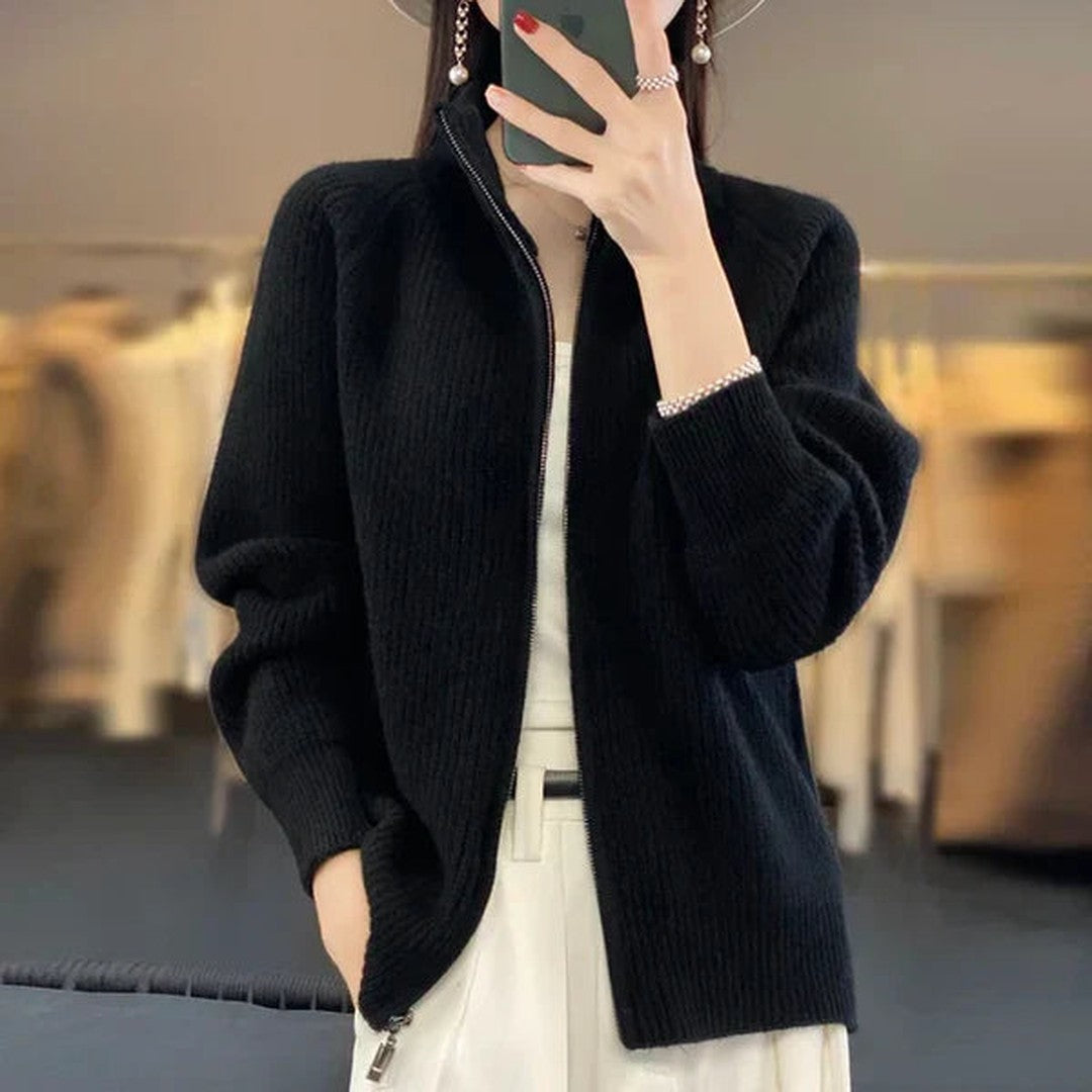 Woman wearing the Sverre women's collared zip-up cardigan, model view